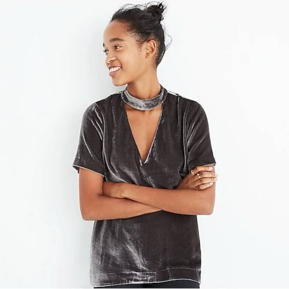 Madewell Tops - Madewell Size Medium Short Sleeve Velvet Choker Top Blouse Gray Work Neutral
